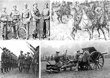 Pictures (clockwise from top left): 4th (Cambridge University) Volunteer Battalion, The Suffolk Regiment (1893); CURV Mounted Infantry on combined
field day with the HAC (1905); The RA Wing firing 18 Pounder (1936); HRH The Duke of Gloucester inspecting Infantry Wing (1936)